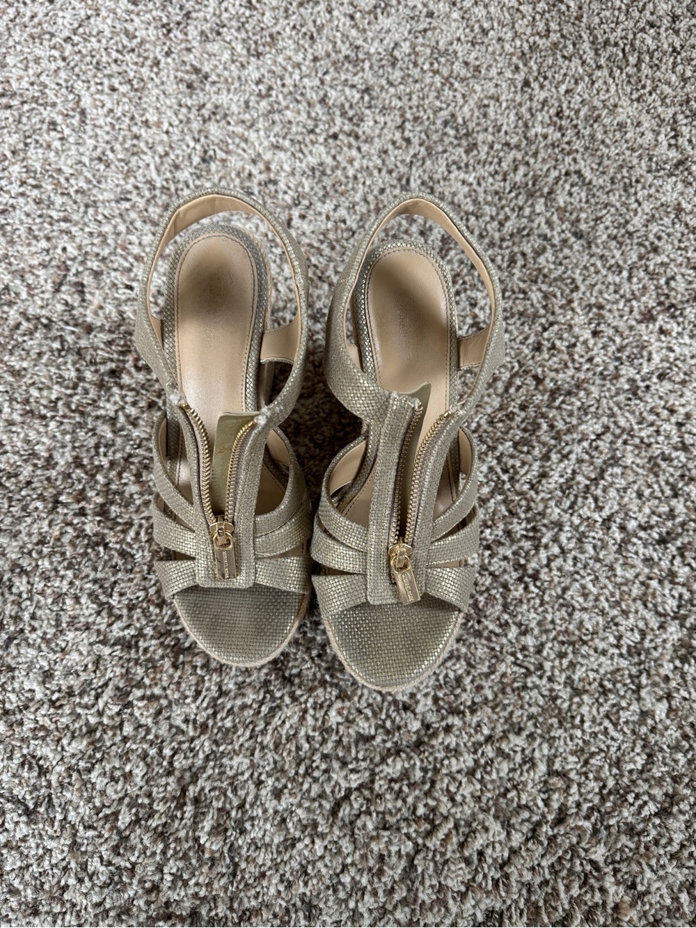 Michael Kors Gold Glitter Open-Toe Slingback Heels with Front Zip